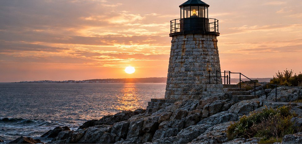 Granite lighthouse on a rocky New England shore at sunset (illustrative photograph)